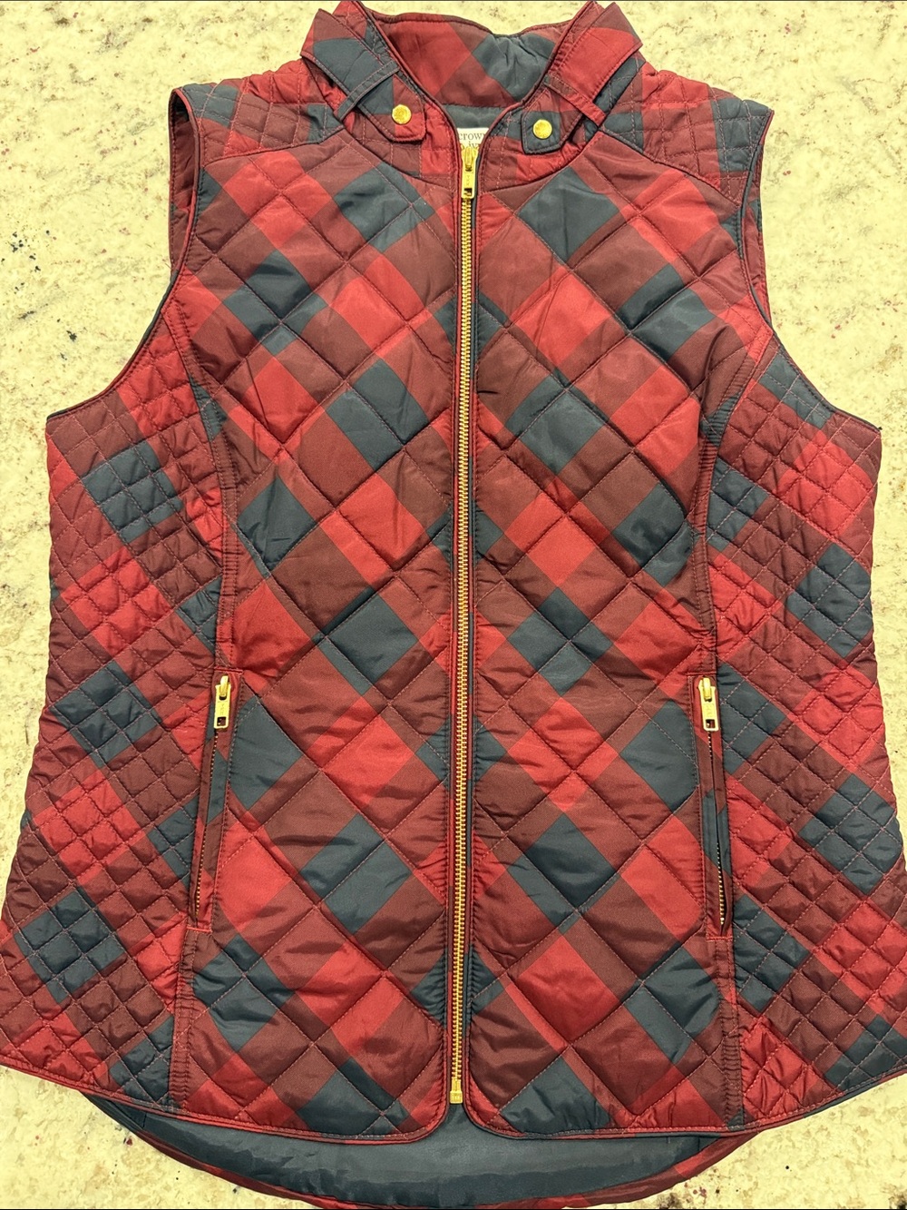crown & ivy Quilted Red/Maroon and Navy Plaid Vest